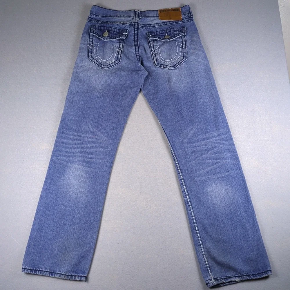 True Religion Ricky Jeans Mens 34x31 Blue Distressed Stone Wash Flap Pockets USA